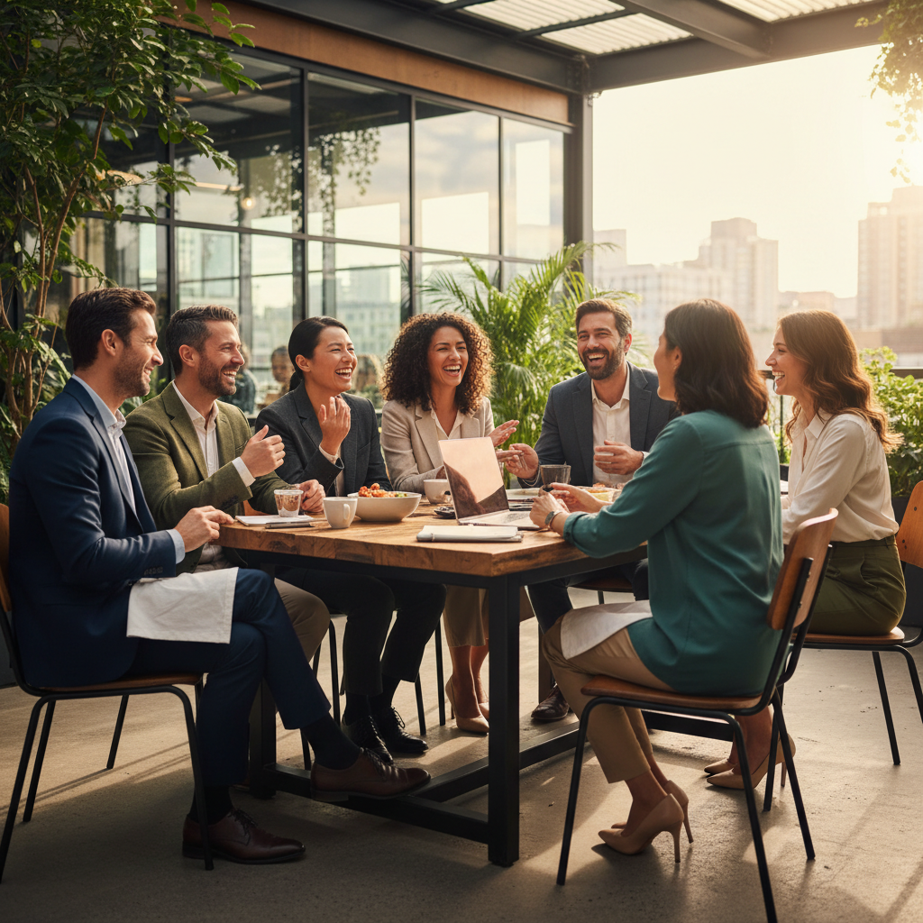 A diverse group of smiling professionals engaging in lively conversation in a bright co-working space, representing a thriving and balanced life.