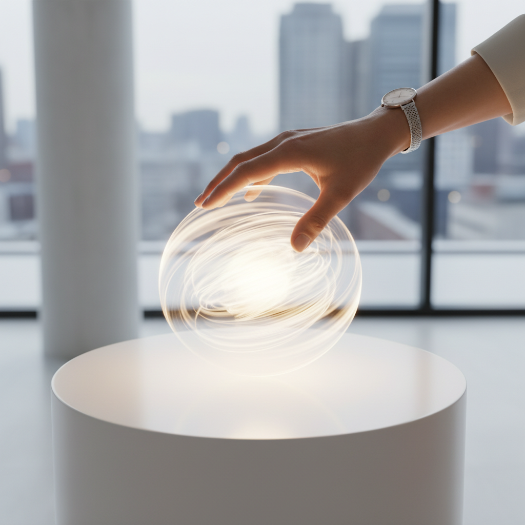 A hand confidently reaching for a glowing abstract light, symbolizing aspiration and achieving future success.