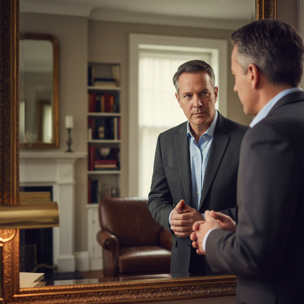 Professional looking in the mirror reflecting on their comfort zone