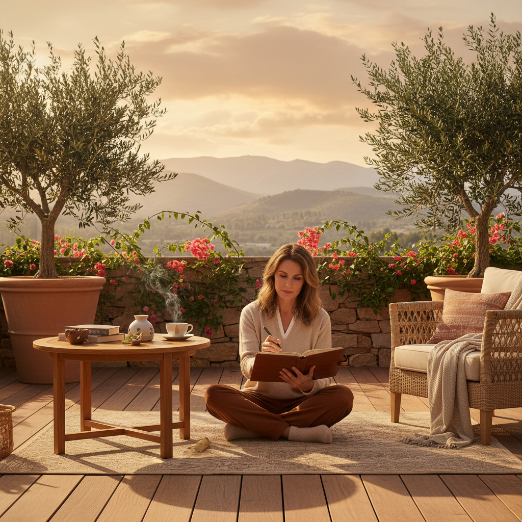 A professional in their 40s-50s relaxing and reflecting in a peaceful, upscale setting, perhaps with a journal, after a rejuvenating short break.