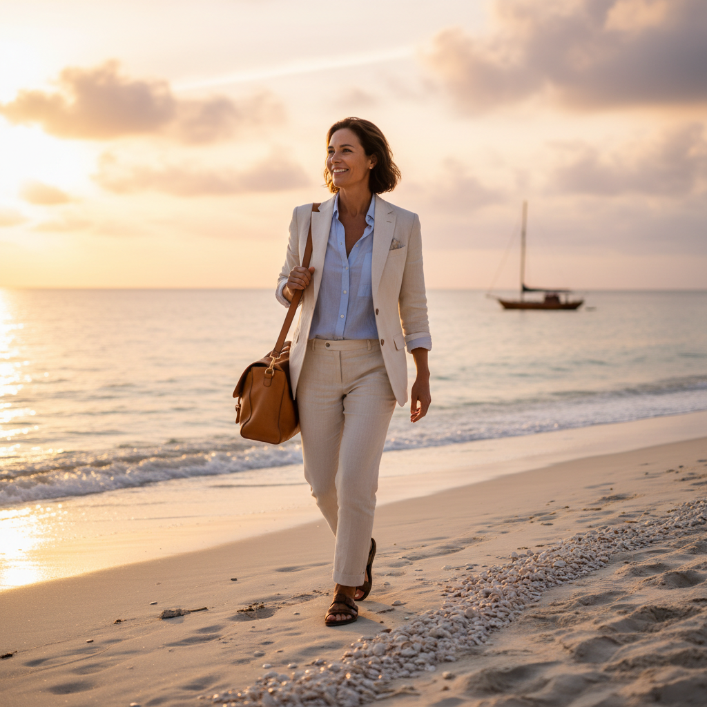 An inspiring shot of a professional in their 40s-50s, looking forward with optimism, perhaps at the start of a new adventure or walking confidently towards a bright future.