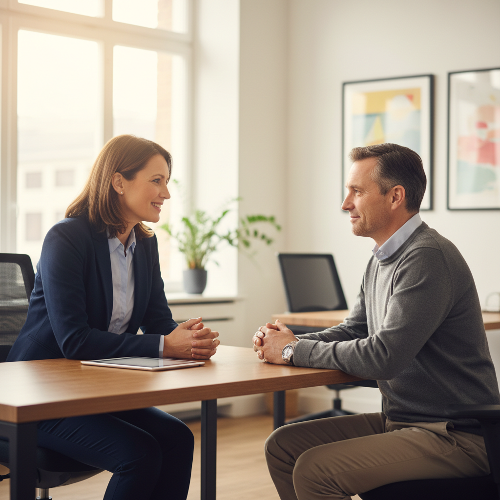 Professional over 40 receiving empathetic customer service