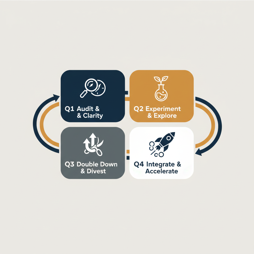 A four-quarter visual roadmap illustrating the 12-month career reinvention plan for professionals over 40
