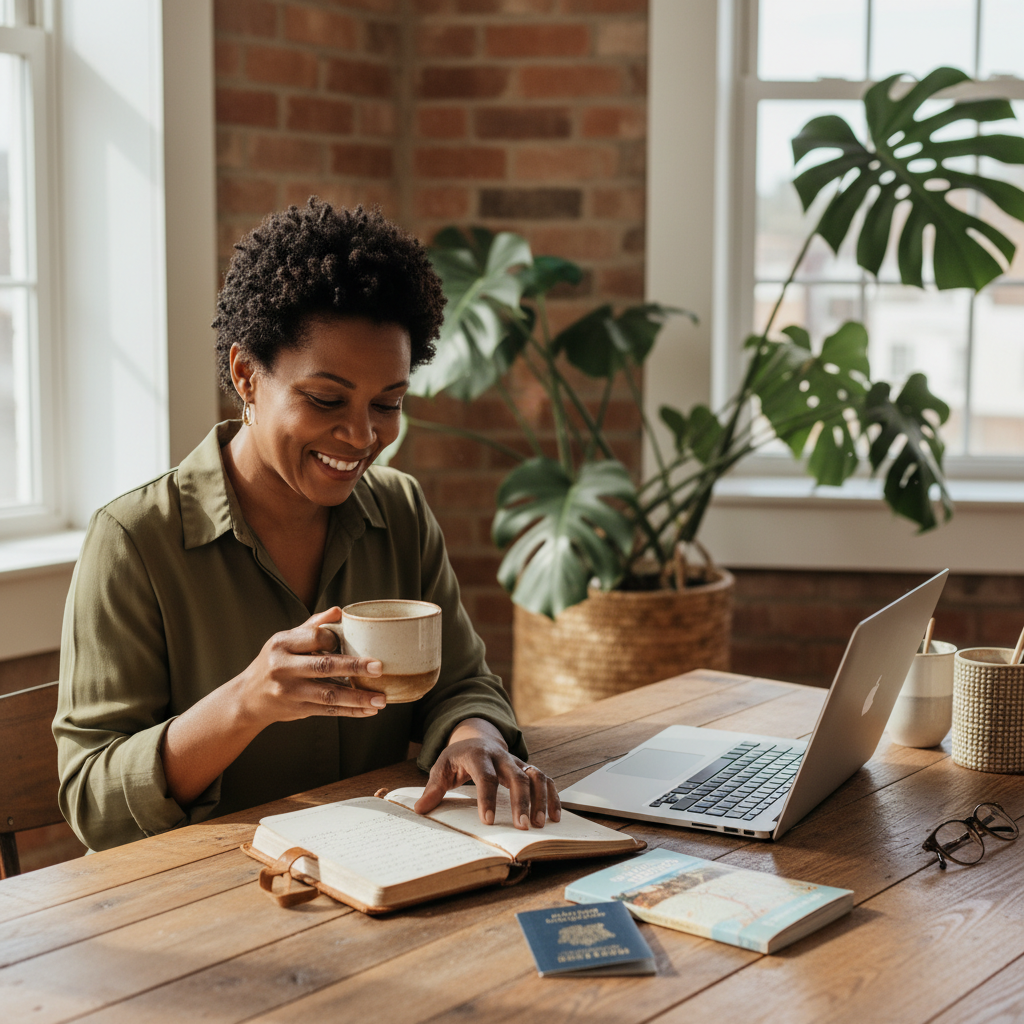 A professional in their 40s enjoying a calm, fulfilling morning — representing the holistic life alignment that career reinvention can bring