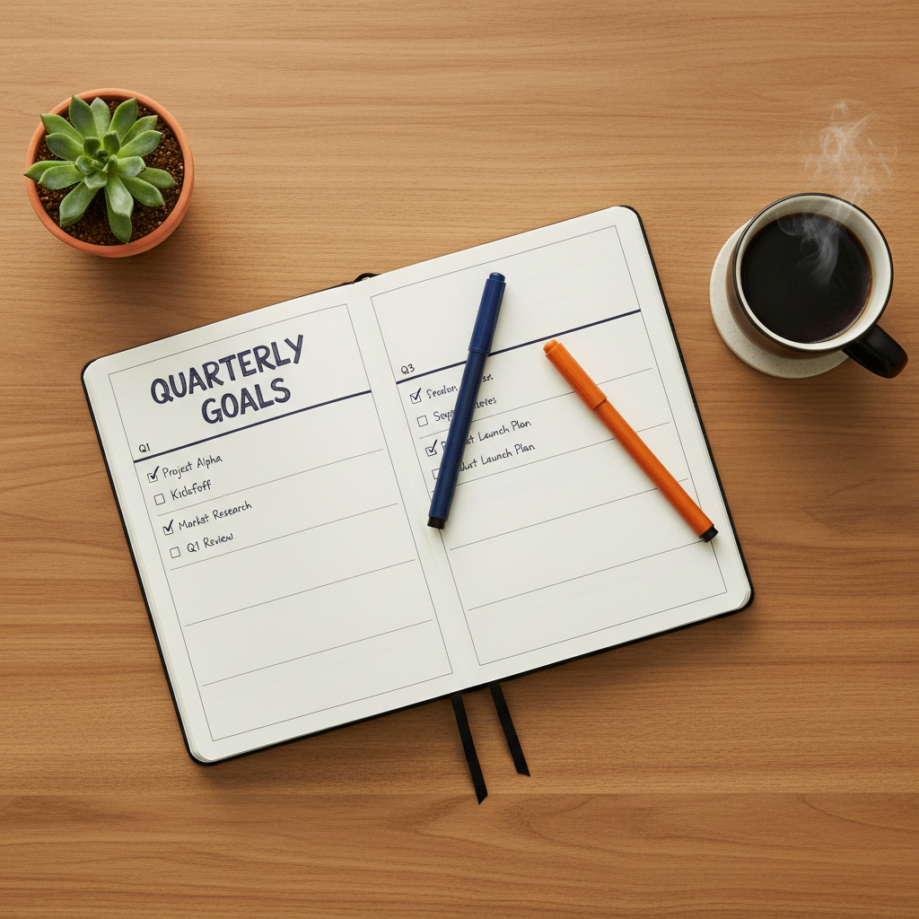 A quarterly planning notebook on a desk representing the 12-month reinvention roadmap broken into four phases