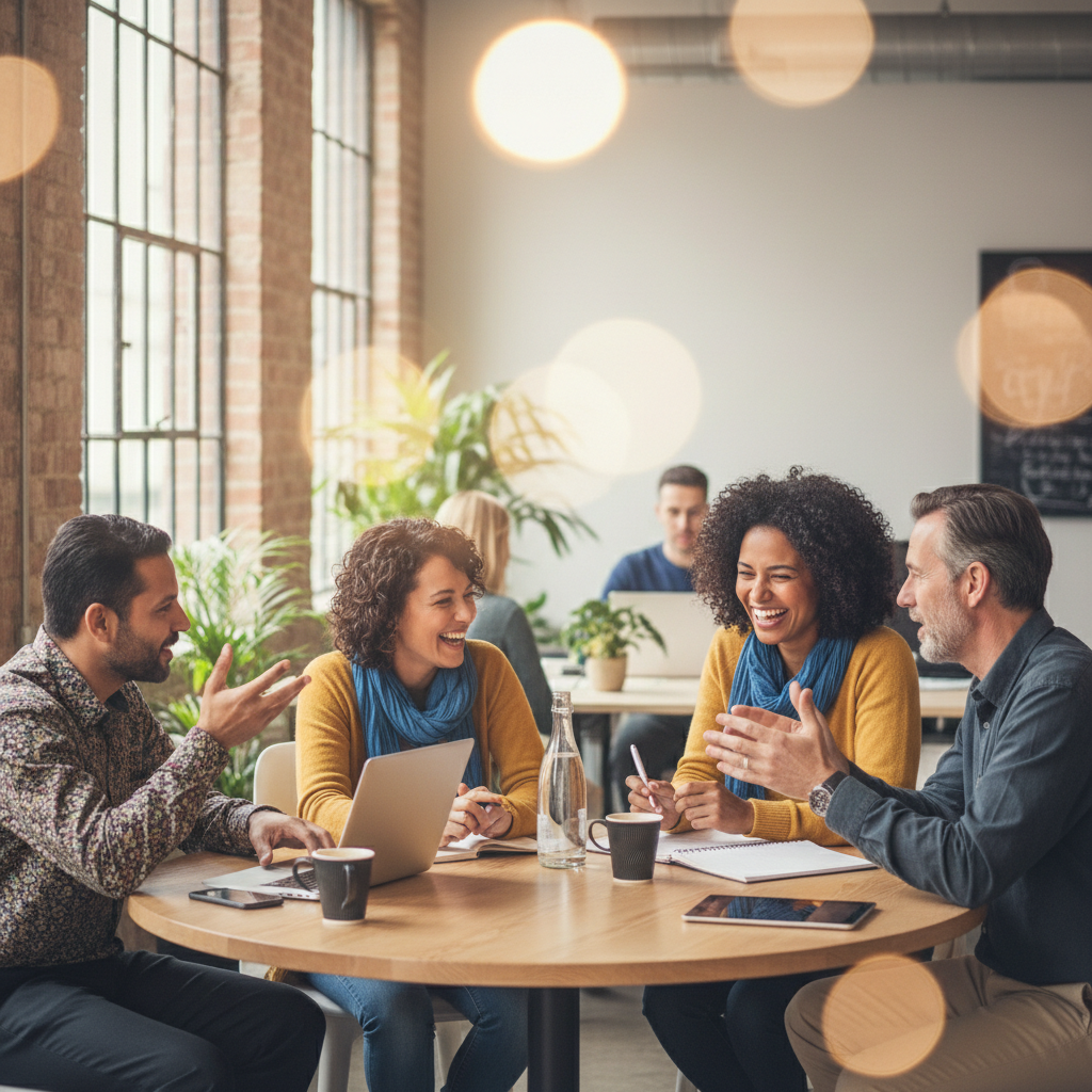 A small group of professionals over 40 having an engaged, collaborative conversation around a table, representing community and shared reinvention