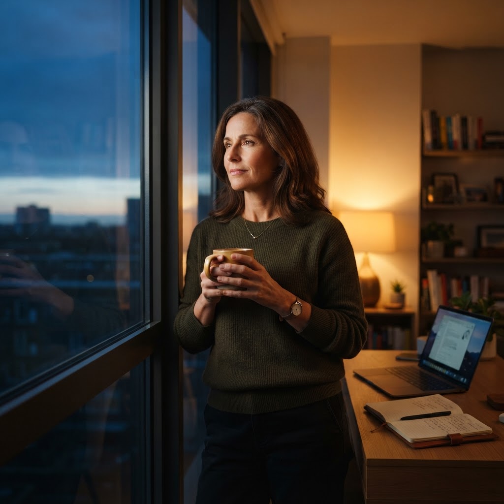 A person in their late 40s standing at a dark window holding a mug, gazing out with quiet determination, a notebook and laptop open on a desk behind them