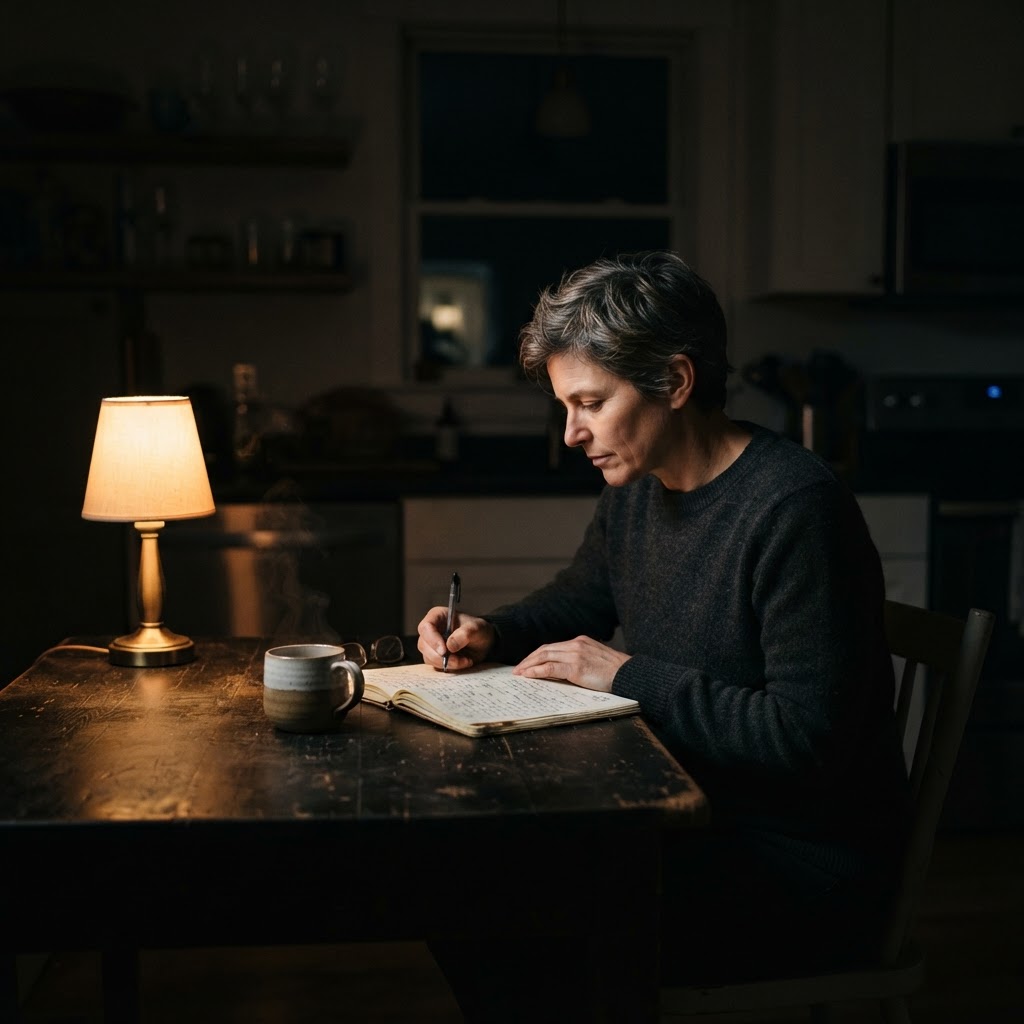 A person in their 40s writing in a notebook at a dimly lit kitchen table late at night, a steaming mug of tea beside them