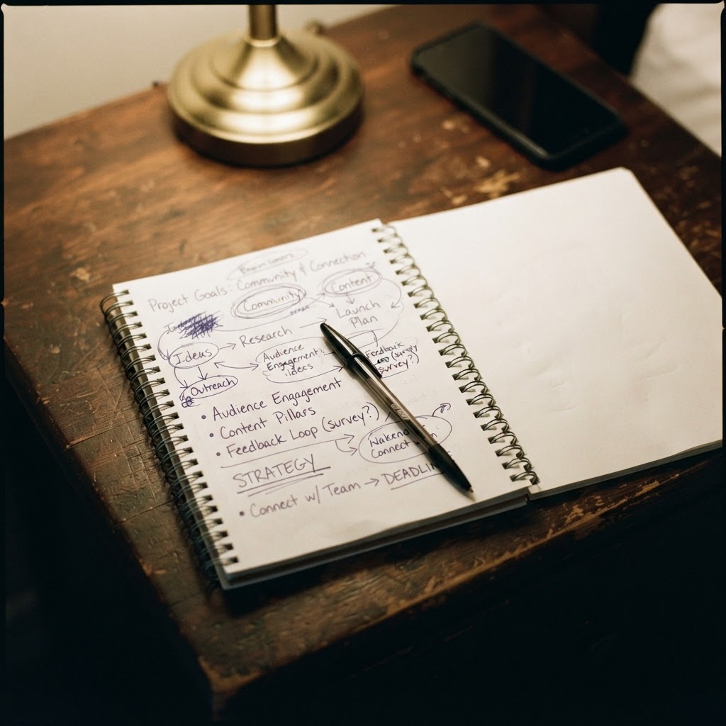 A handwritten notebook open on a nightstand with brainstormed ideas and a pen, smartphone face-down in the background