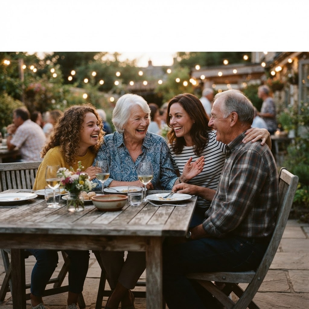A multigenerational family sharing a warm, engaged conversation outdoors at dusk, capturing genuine connection and presence