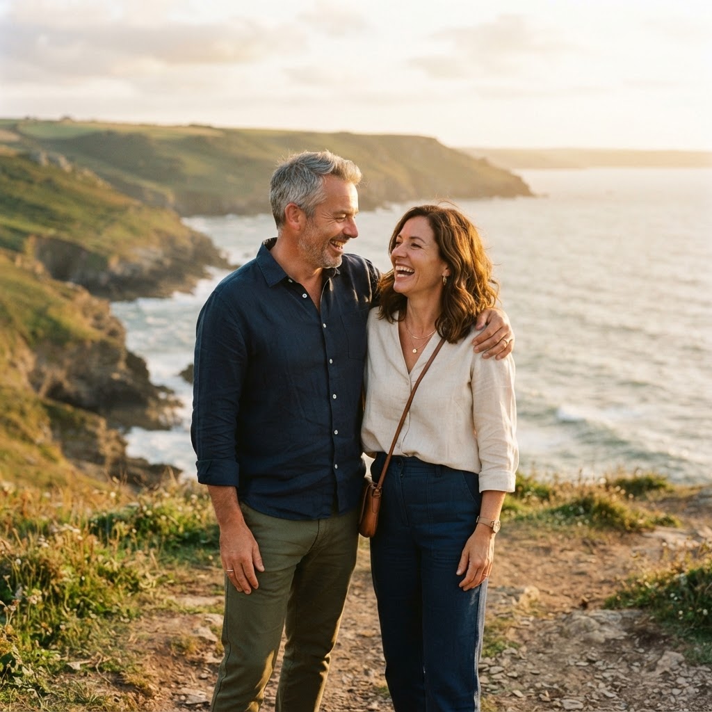 A couple in their 40s laughing together at a scenic outdoor overlook during golden hour, fully present and phone-free