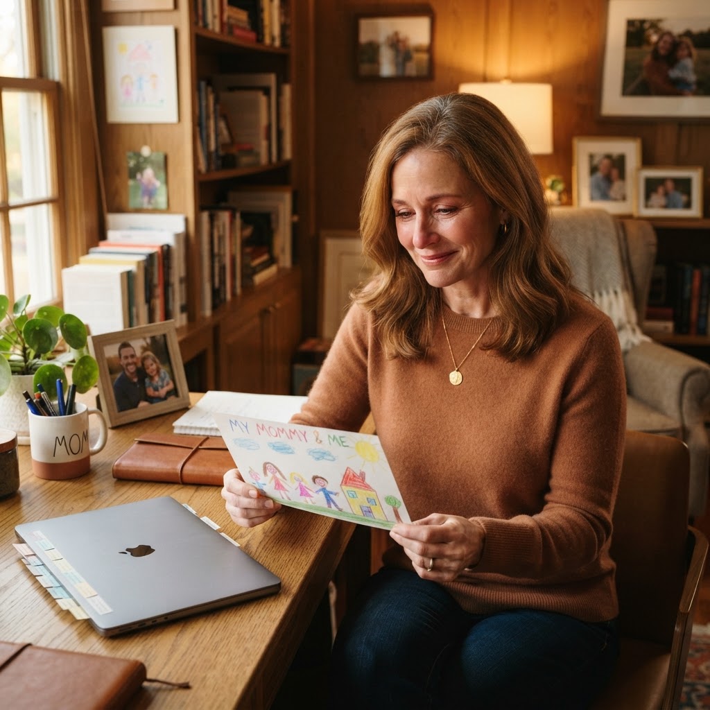 A thoughtful professional woman reflecting on a child's artwork, highlighting the importance of family memories and presence.