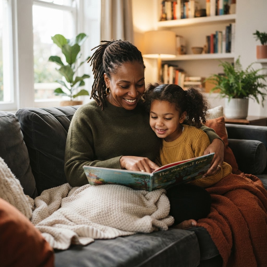 A parent and child engaged in reading together on a sofa, emphasizing undistracted presence and quality time.