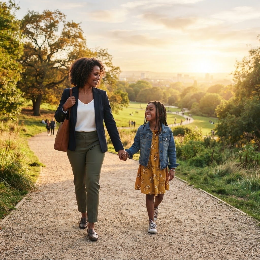 A professional parent and child walking hand-in-hand towards a bright future, symbolizing a legacy built on love, connection, and shared experiences.
