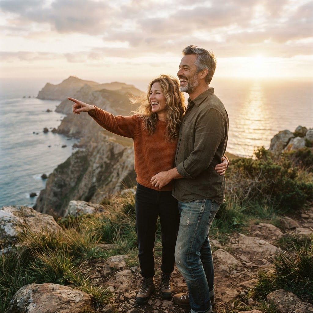 A couple in their 40s laughing together at a scenic outdoor overlook at golden hour, symbolizing wealth through shared experiences and memories
