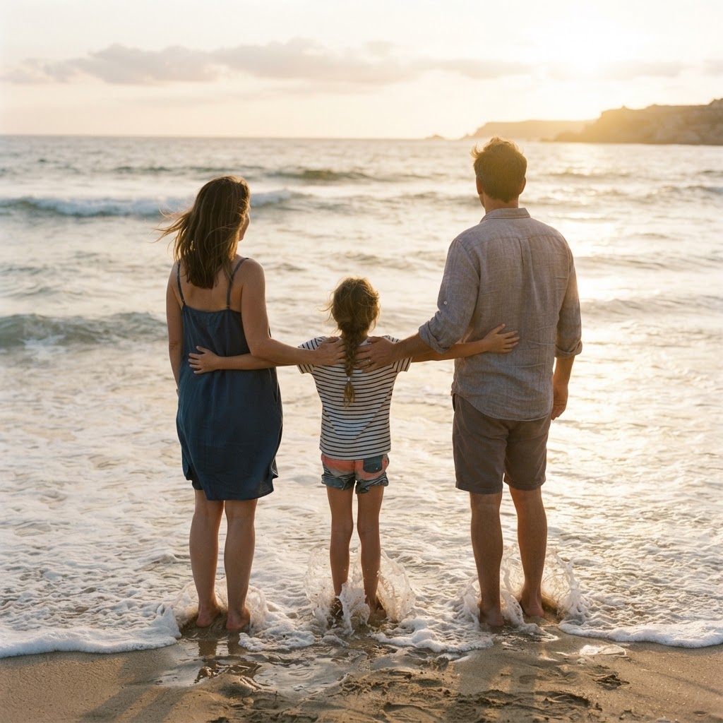 A family of three standing at the ocean's edge at golden hour, with a child experiencing the sea for the first time while parents look on
