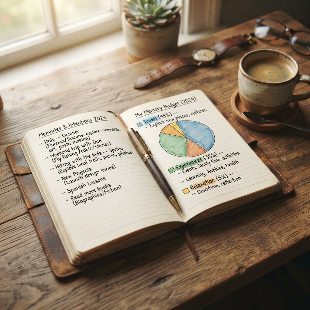 A leather journal open on a desk showing handwritten memory investment plans and a memory budget next to a cup of coffee