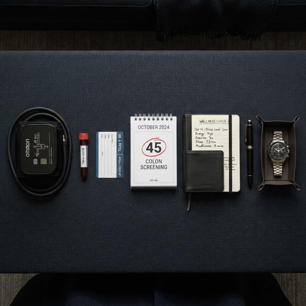 Flat-lay arrangement of five men's health screening tools including a blood pressure cuff, blood test vial, and wellness journal alongside a luxury watch