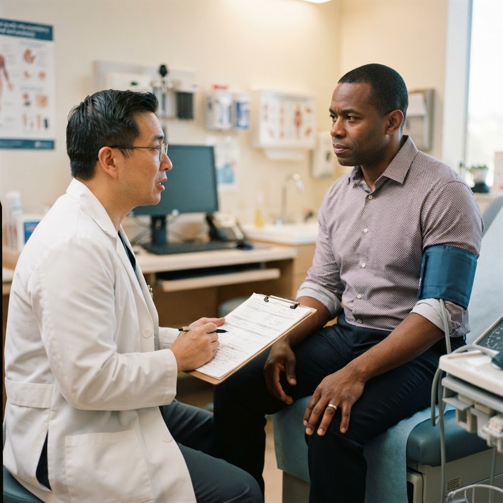 A man in his 40s having a serious conversation with his doctor in an examination room after a health scare