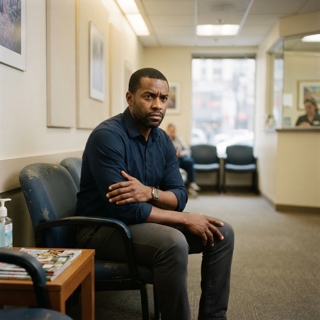 A professional man in his 40s sitting reflectively in a hospital waiting room after a health wake-up call