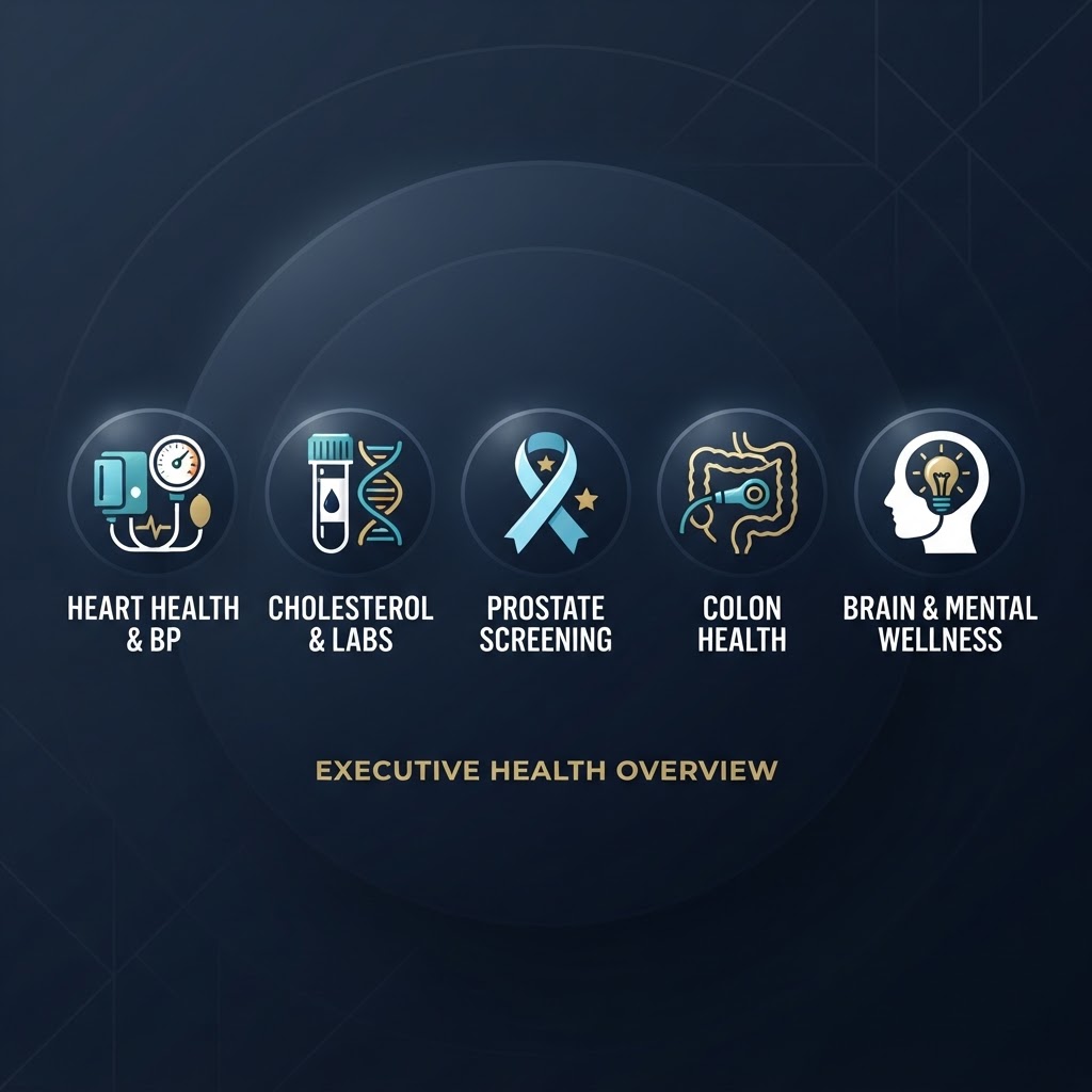 Five essential men's health screenings illustrated as icons: blood pressure, cholesterol, prostate, colon, and mental health — a visual checklist for men over 40