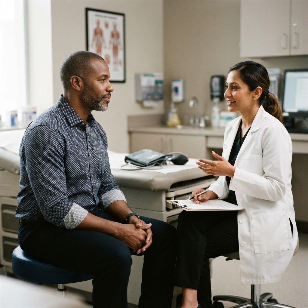 A man in his 40s in a doctor's office receiving a health evaluation, representing a turning point moment in taking personal health seriously