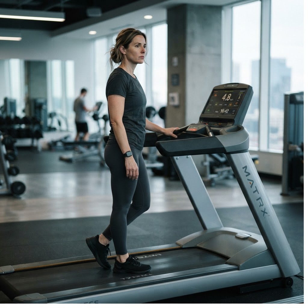 A professional pausing on a running treadmill, looking distracted and disconnected — symbolic of going through life's motions without purpose