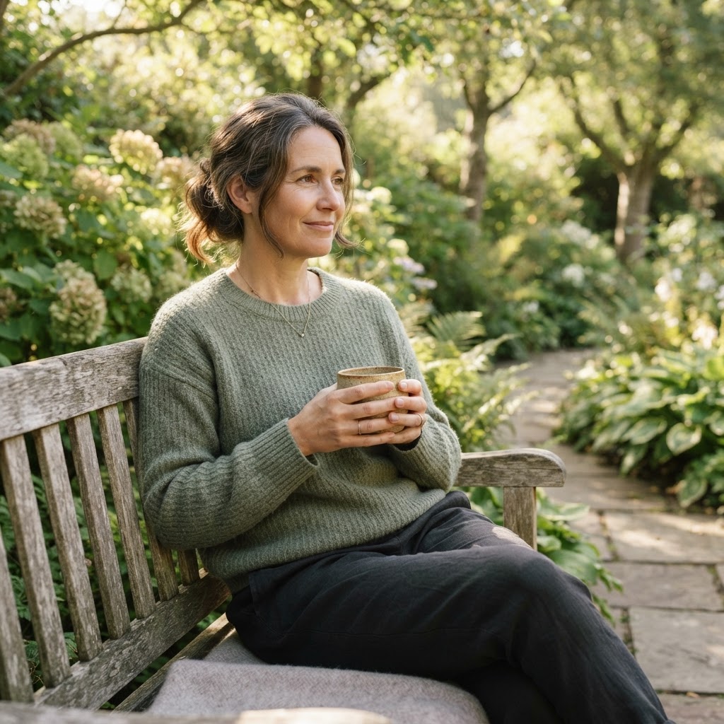 A person sitting quietly outdoors in the morning light, looking calm and settled — representing quiet fulfillment and inner alignment