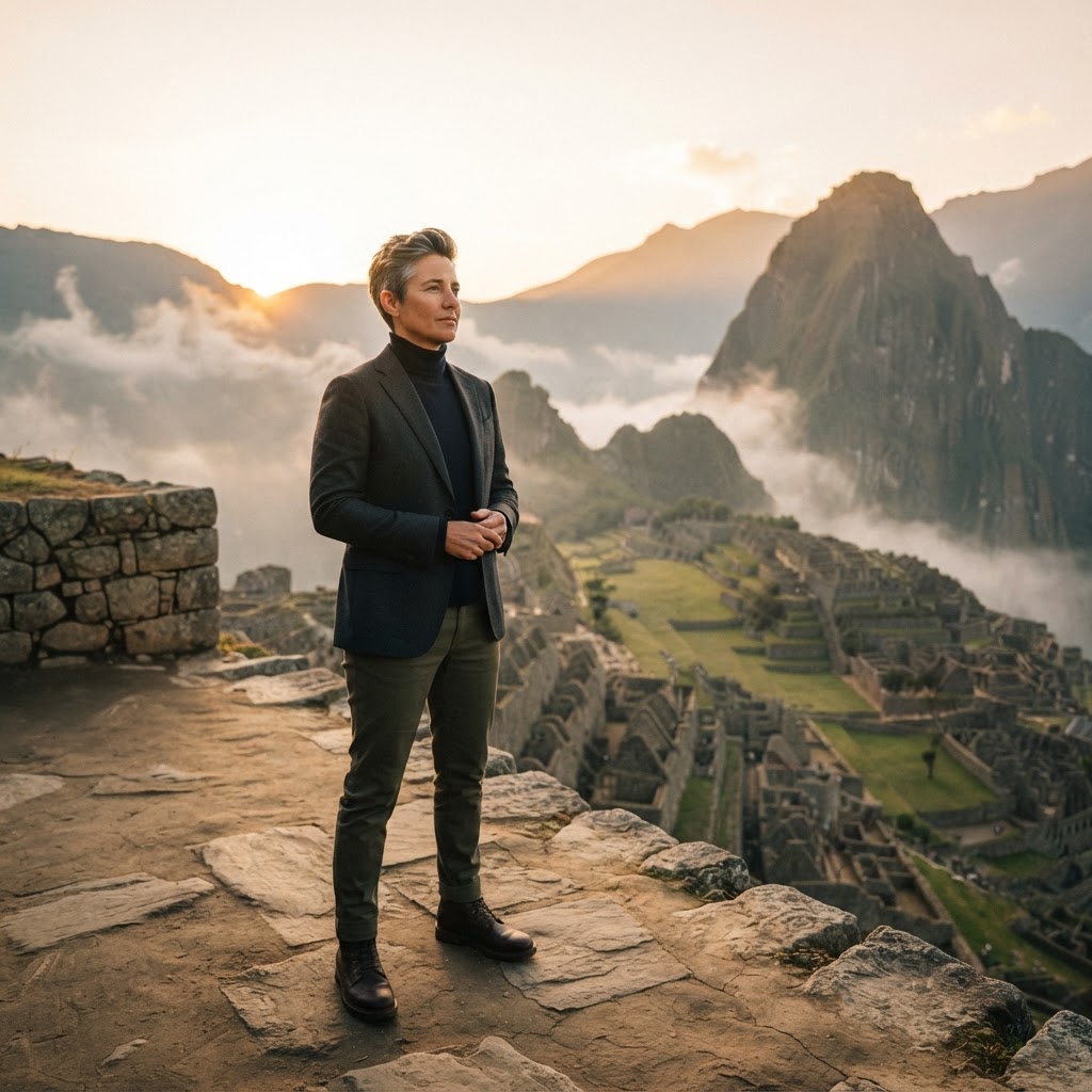 A professional over 40 standing in quiet contemplation before a sweeping ancient wonder at golden hour