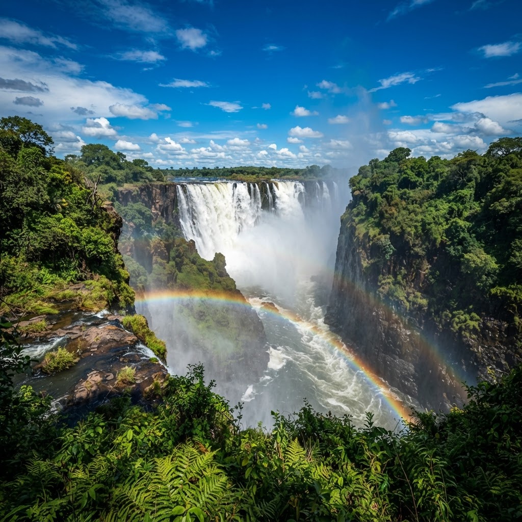 Victoria Falls waterfall with a rainbow rising through the mist above the gorge