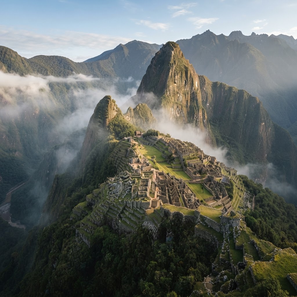 Machu Picchu Inca citadel rising through morning mist in the Andes mountains