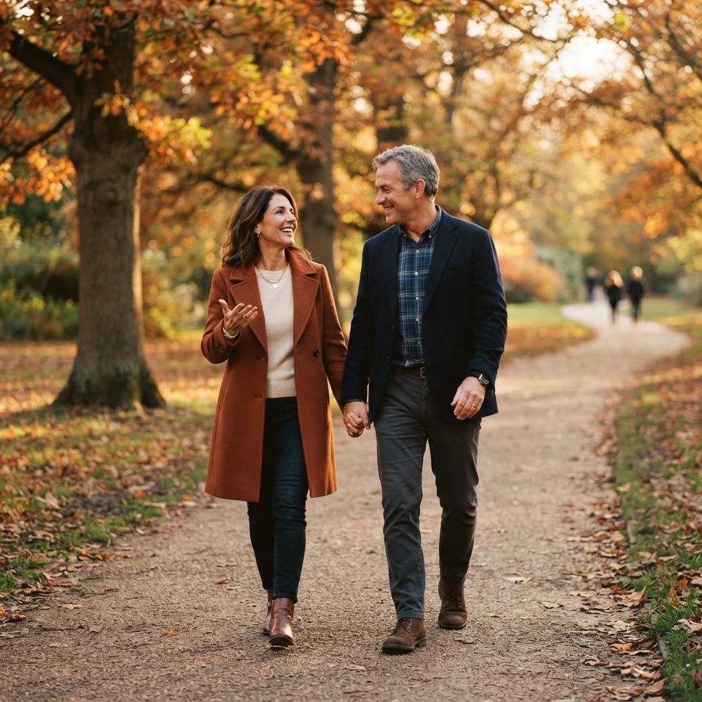 A confident couple in their 50s walking together along a tree-lined path at golden hour, looking ahead with purpose and optimism