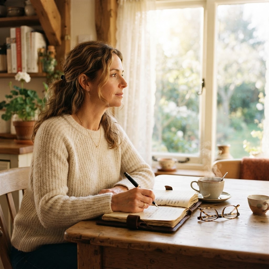 A woman in her mid-40s writing thoughtfully in a journal at a sunlit kitchen table, a cup of tea beside her, warm morning light