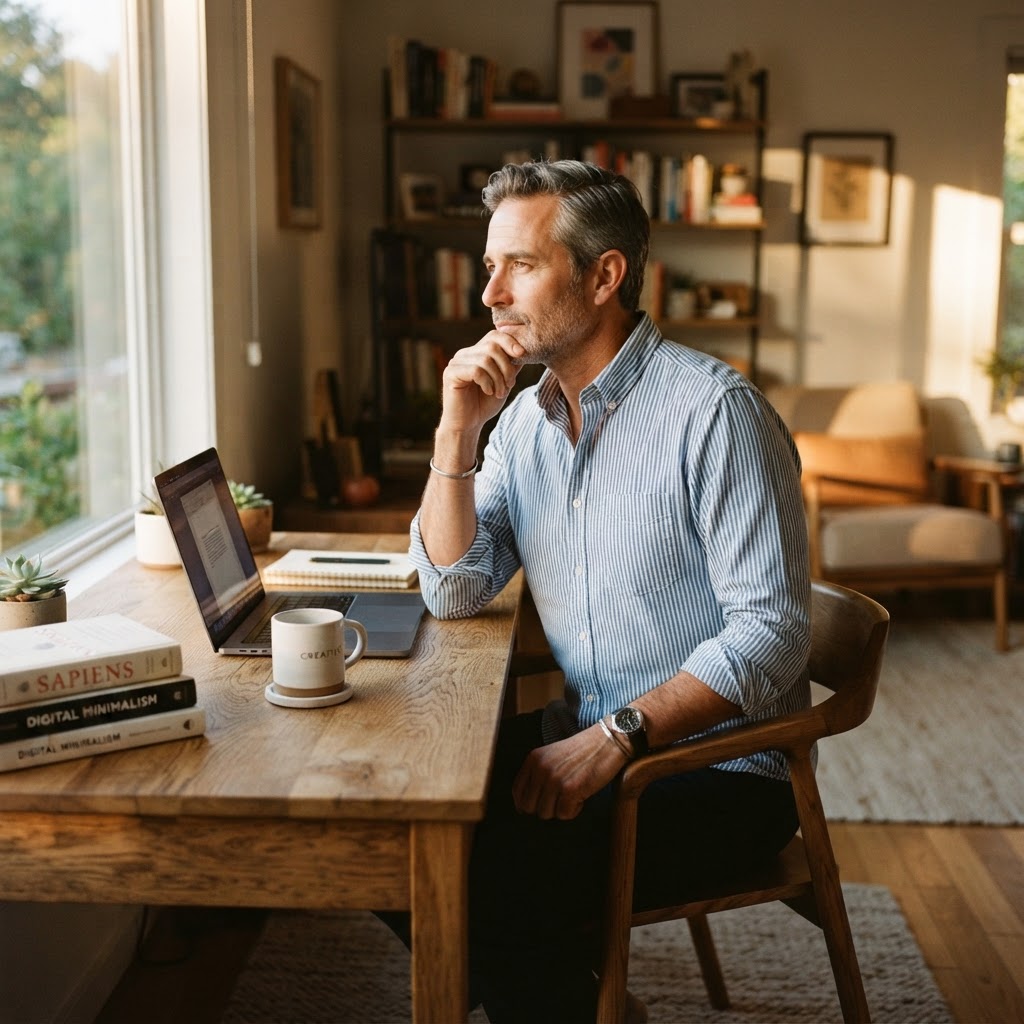 A man in his early 50s sitting at a cluttered desk in a modern office, staring at his laptop screen with a look of quiet exhaustion, late afternoon warm light