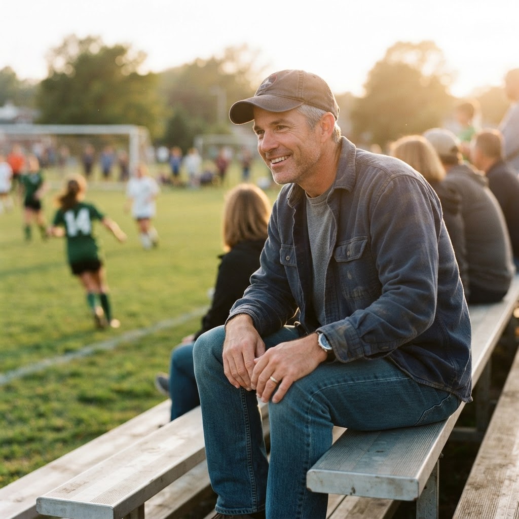 A father in the stands at his daughter's sports game, cheering with pride