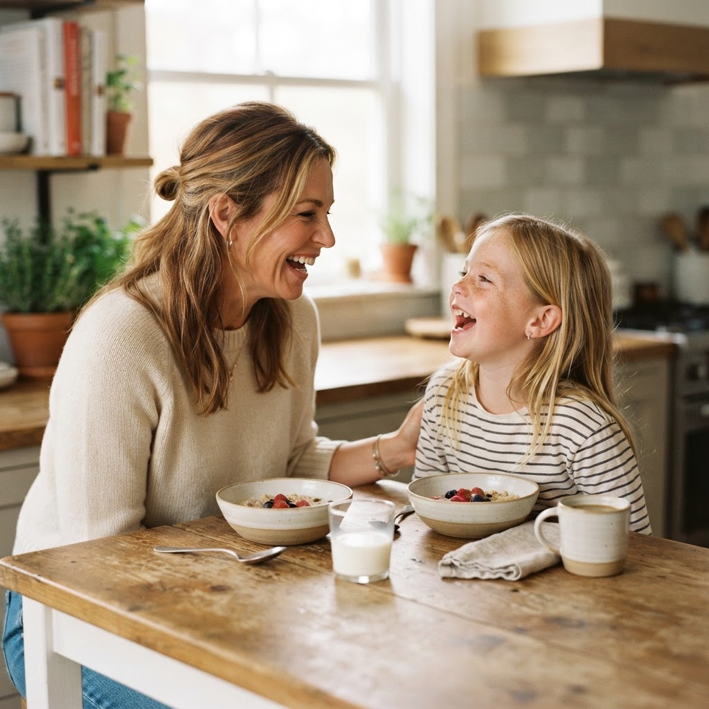 A parent and child sharing a simple moment together, laughing over breakfast