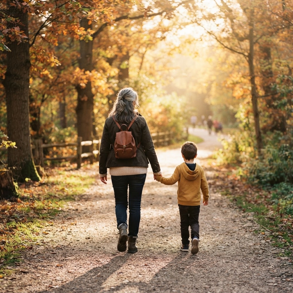A professional in their 50s walking hand-in-hand with their child on a tree-lined path, looking ahead with optimism