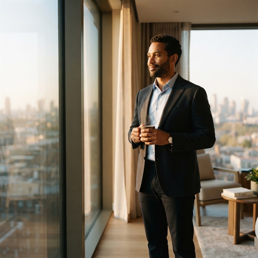 Professional man over 40 writing in a gratitude journal at his desk with morning coffee