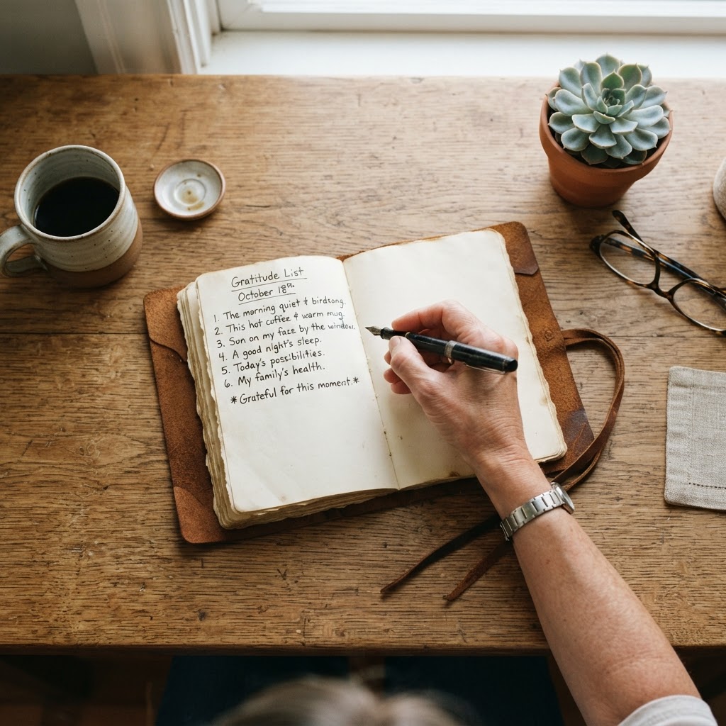 An open gratitude journal with a handwritten list on a wooden desk, alongside a coffee cup and reading glasses