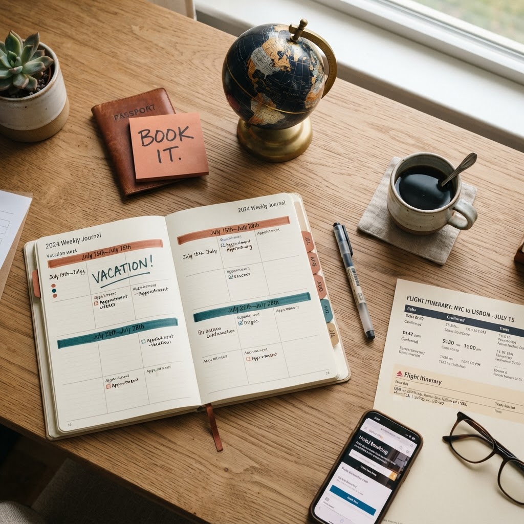 An overhead flat-lay of a vacation planning workspace with a highlighted calendar, world map, flight itinerary, and a cup of coffee