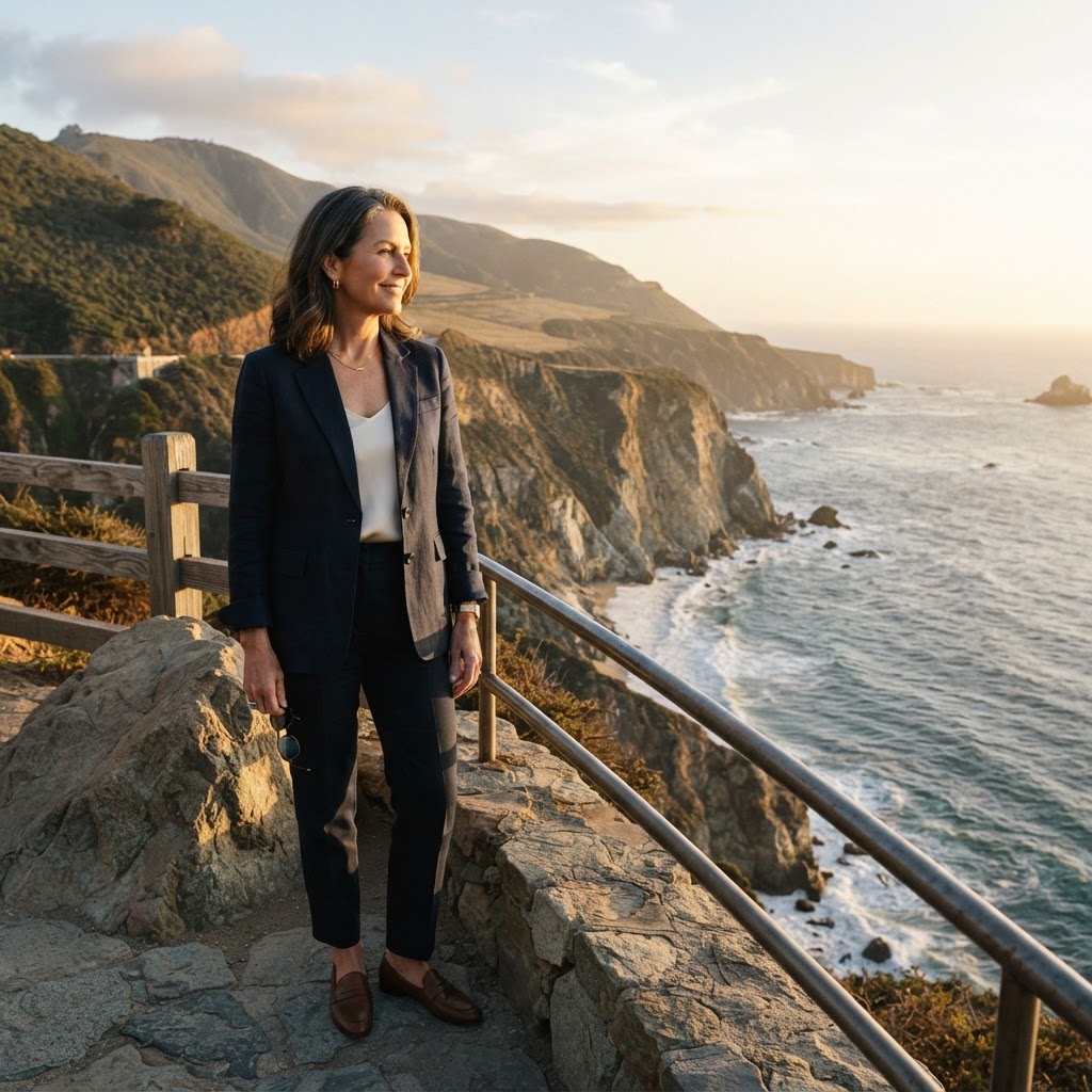 A professional in their 40s standing at a scenic overlook, gazing out at an expansive view with a calm sense of freedom and perspective
