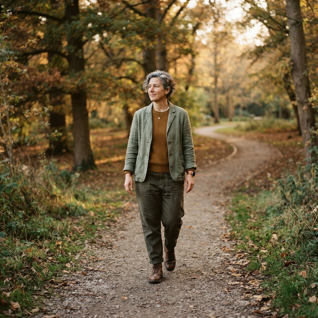 A person in their 40s walking calmly alone on a quiet tree-lined path in soft afternoon light, embodying intentional rest and recovery