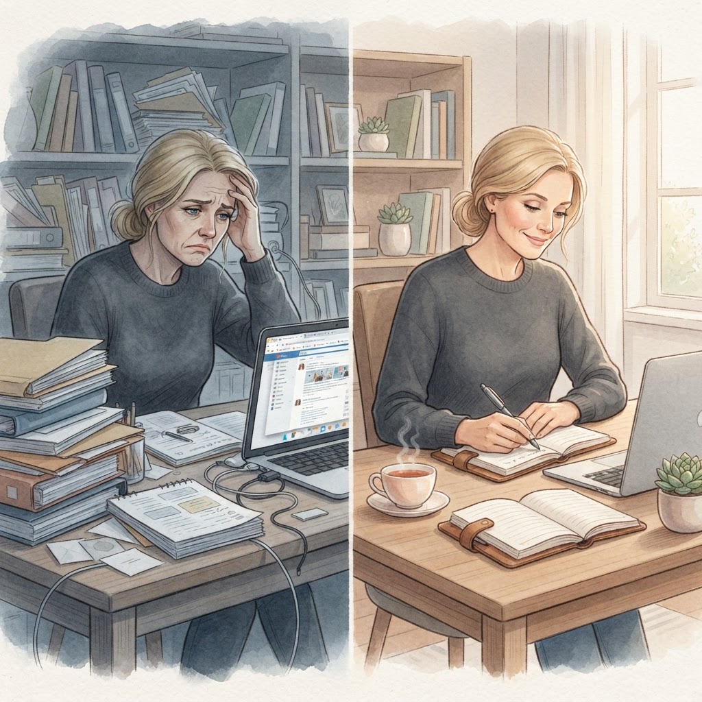 Side-by-side contrast of an overwhelmed professional at a cluttered desk versus the same person calm and present at a simplified, spacious workspace