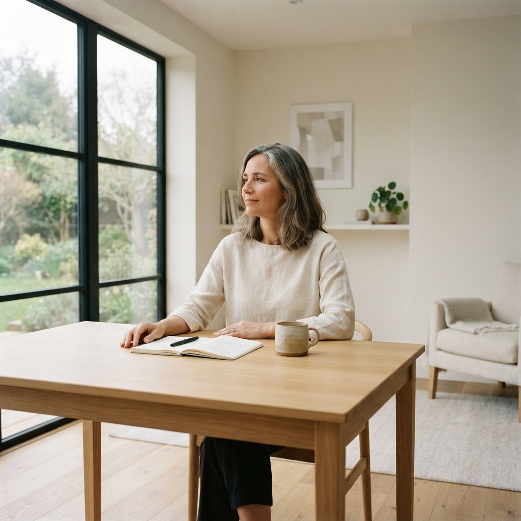 A serene workspace with an open notebook and a cup of coffee on a clean, uncluttered desk near a window with soft natural light, illustrating the intentional creation of margin and breathing room