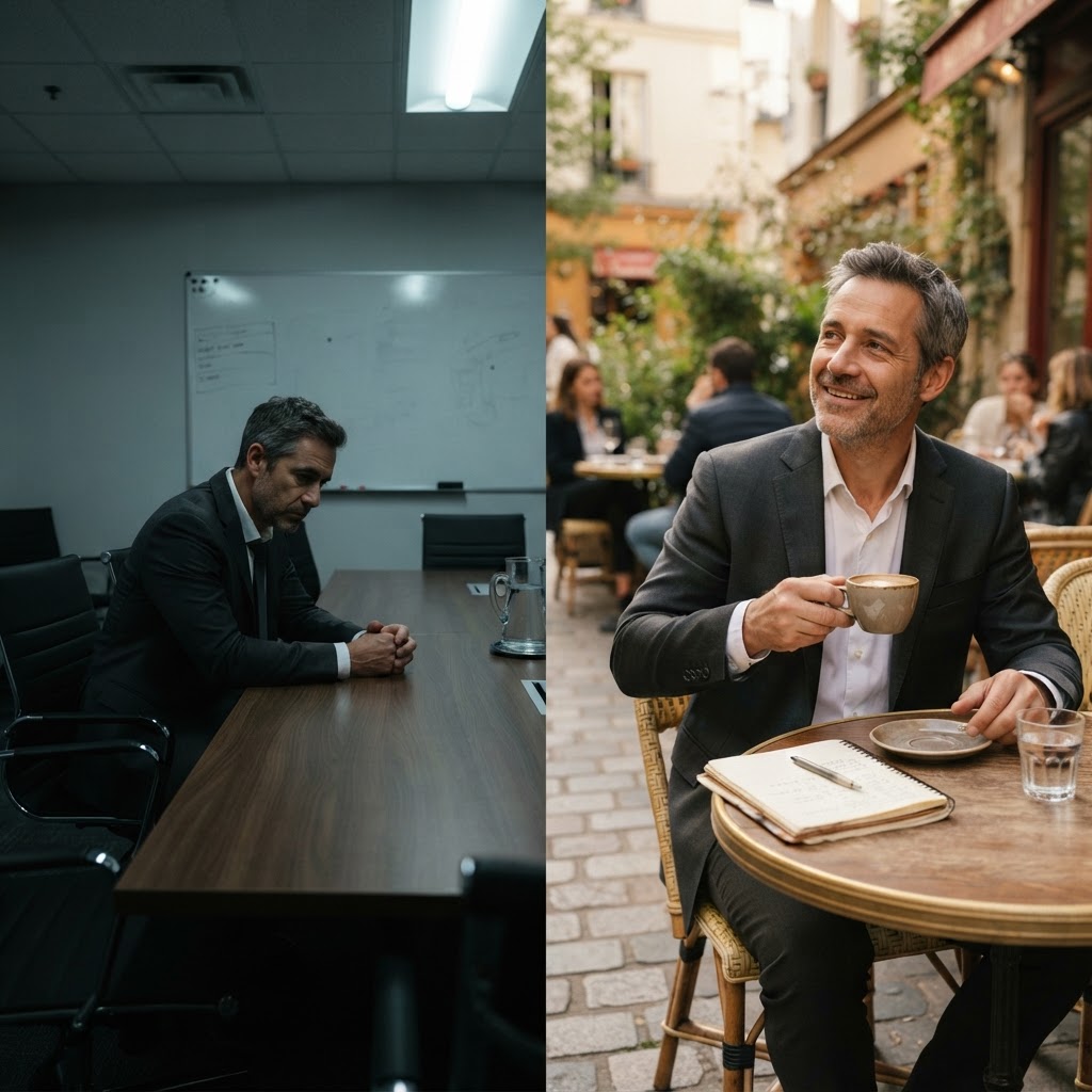 Split image contrasting a drained professional in a corporate meeting room with the same person thriving in a relaxed, authentic outdoor setting