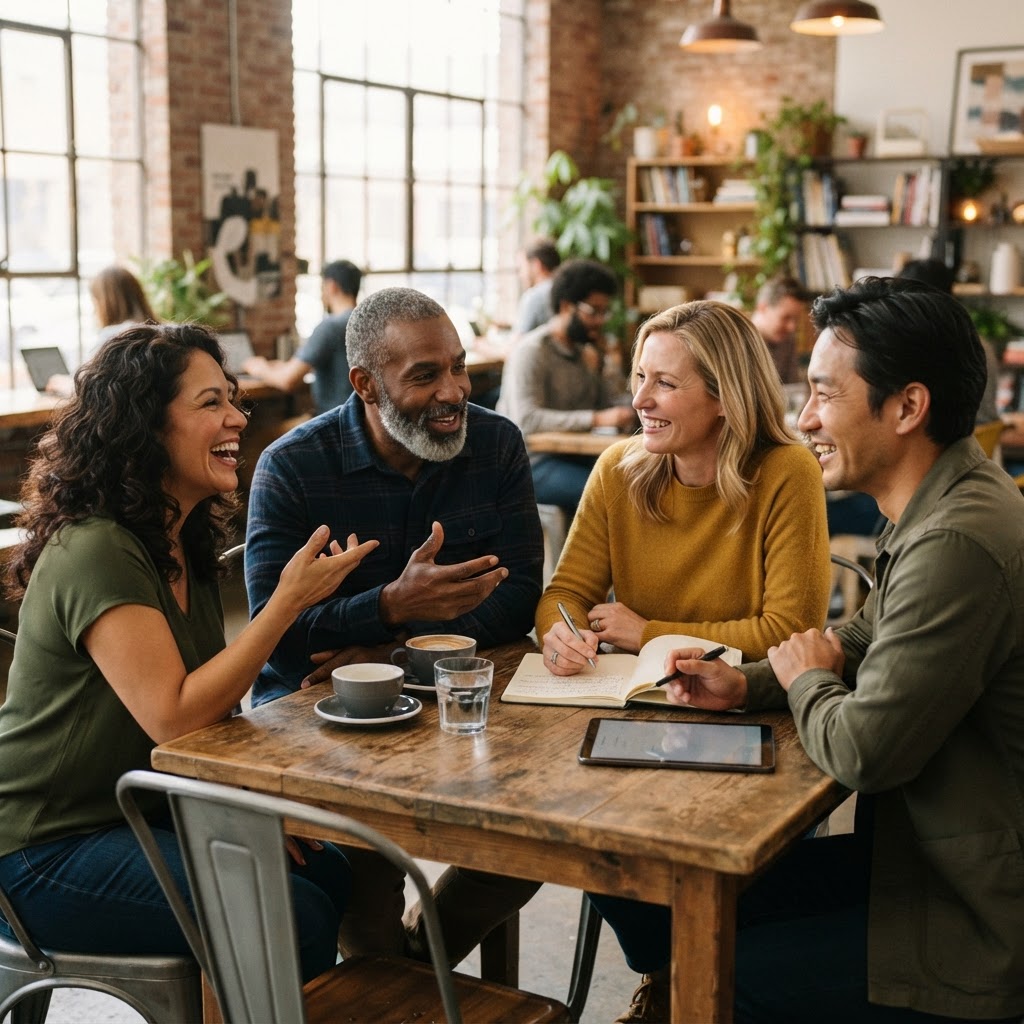 A small diverse group of adults in their 40s and 50s engaged in an energized, purposeful conversation around a table in a bright casual setting