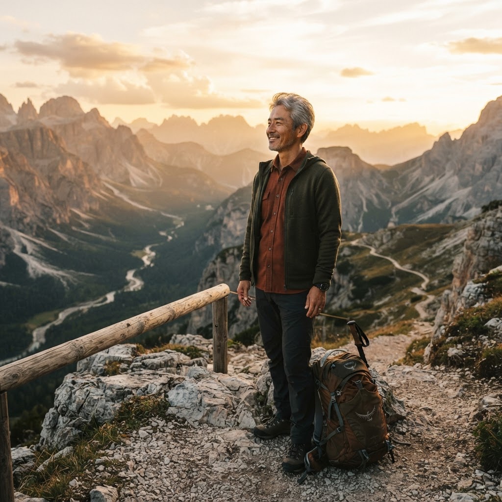 An Asian man in his early 50s stands at a scenic overlook during a hiking trip, arms relaxed, taking in the expansive view with a sense of freedom and renewal.