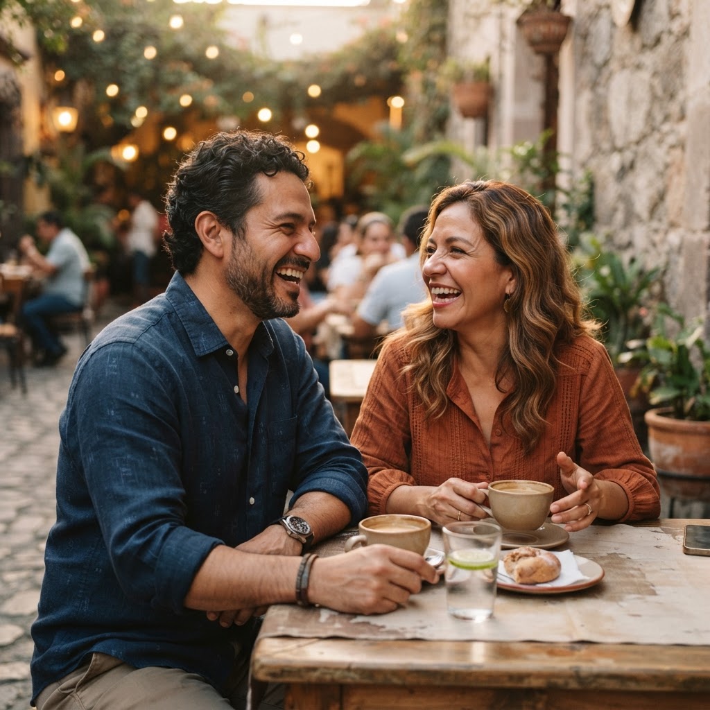 A Latino man and woman in their 40s share a genuine, laughter-filled conversation at a cozy outdoor café table, deeply connected and present with each other.