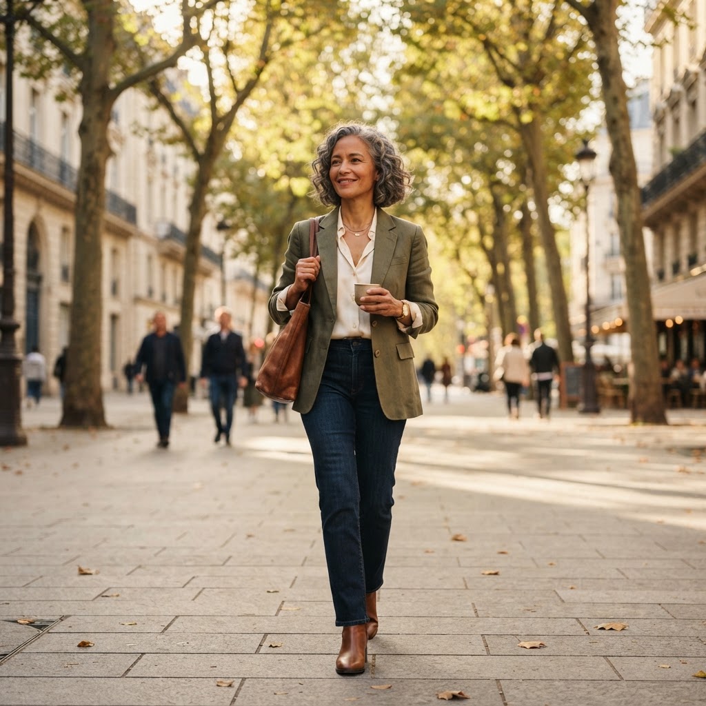 A mixed-race woman in her 50s walks confidently down a sun-dappled city street, smiling softly, embodying someone stepping into their next chapter with purpose.