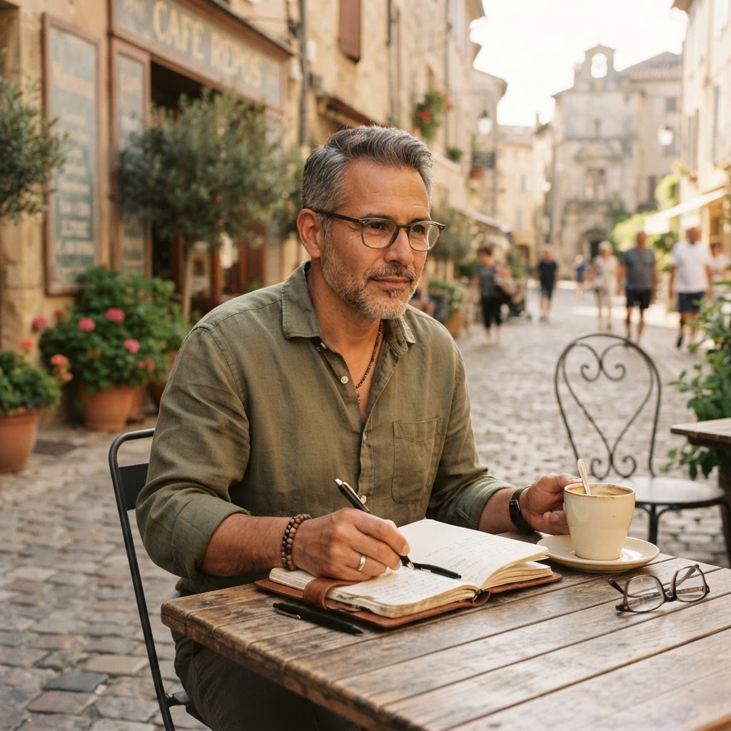 Latino man in his early 50s journaling at a small cafe in a charming European town, warm morning light